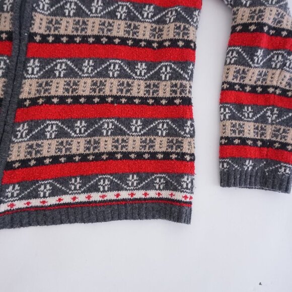 Vintage Liz Claiborne Grey Knit 10% Wool w Red Design Zip Up Cardigan Sweater S - Picture 6 of 10